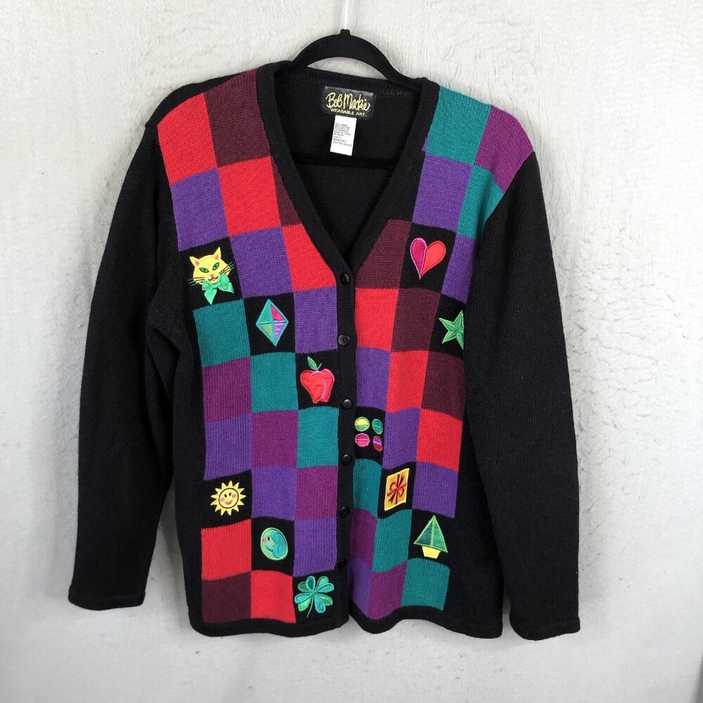 Bob Mackie Cardigan Womens L Black Pink All Holidays Sweater Art To Wear